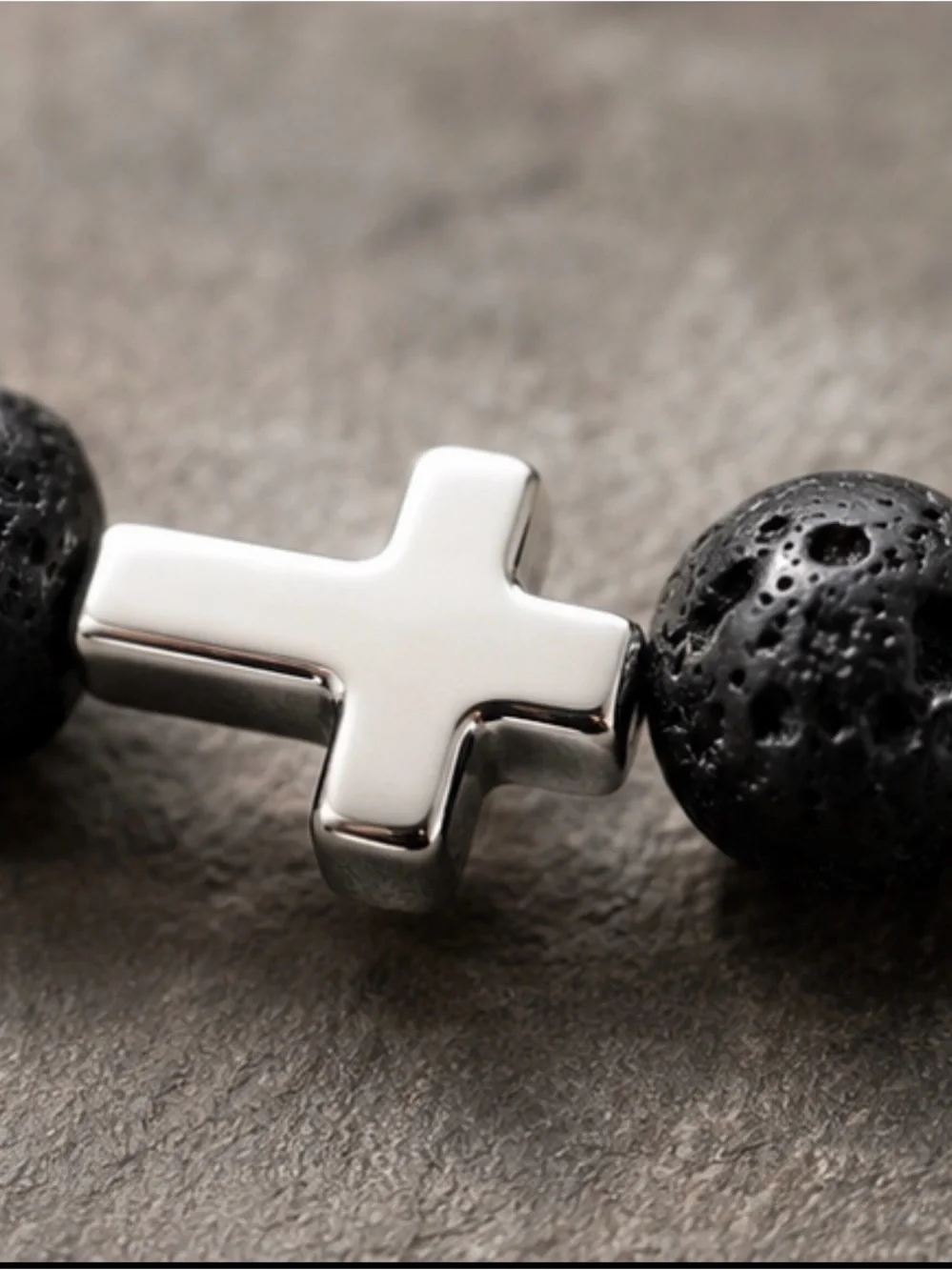 Handmade Women’s Black Lava Stone Cross Bracelet Gothic Alt.